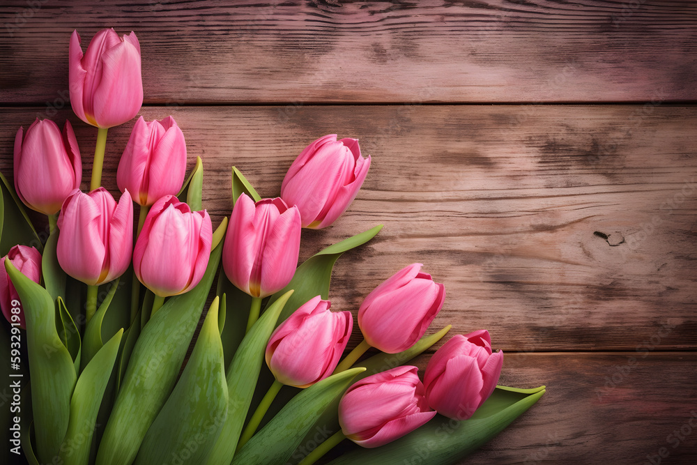 Tulip border with copy space. Beautiful frame composition of spring flowers. Bouquet of yellow tulips flowers, vintage wooden background