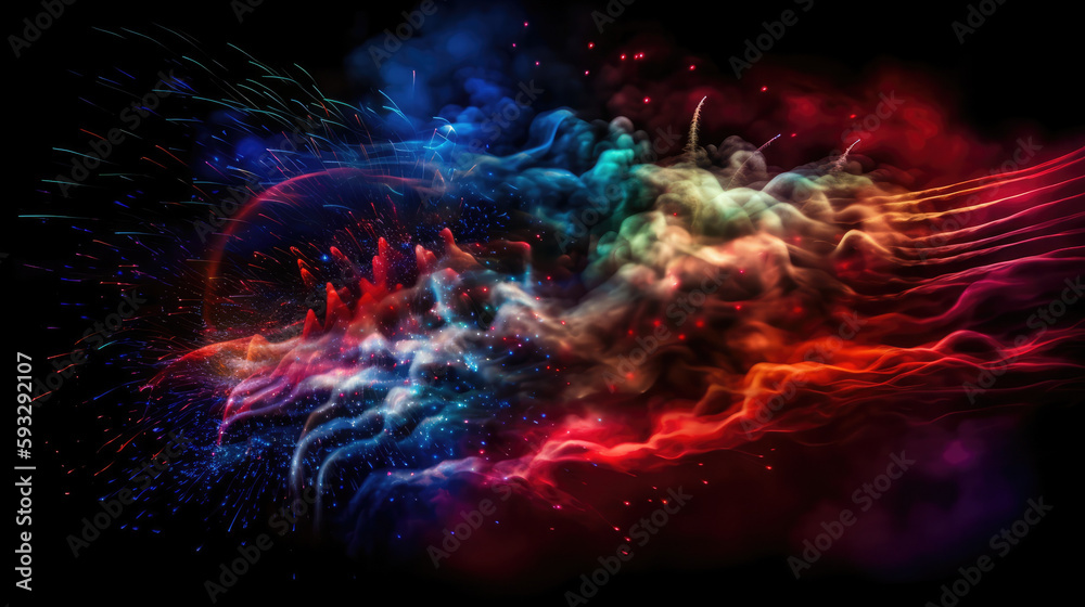 Colored powder explosion on black background. Freeze motion.