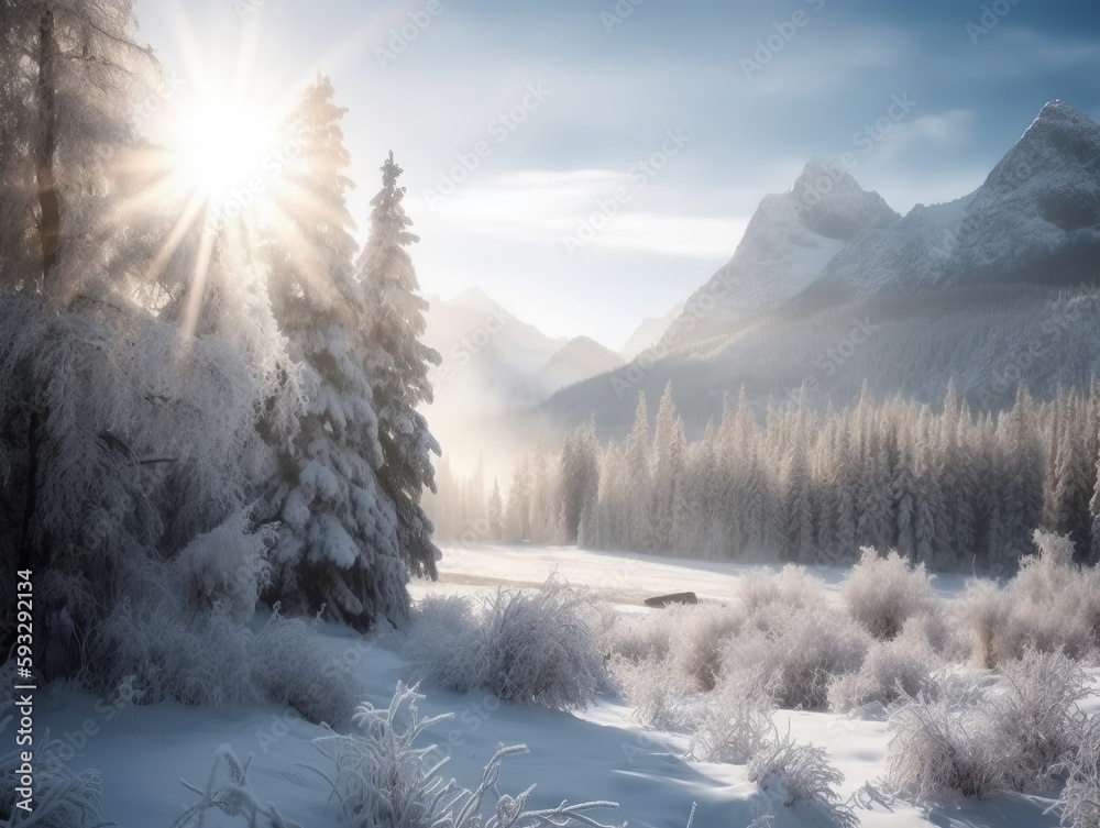 A winter wonderland scene with snow-covered trees and a mountain backdrop