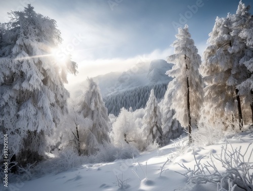 A winter wonderland scene with snow-covered trees and a mountain backdrop