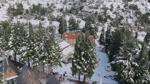 Aerial video of the Panda Hotel and Spa in a snowy winter, Neve Ativ, Israel photo