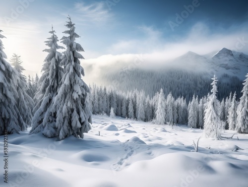 A winter wonderland scene with snow-covered trees and a mountain backdrop