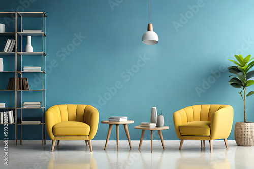 Modern interior, bright yellow chair in a living room with a blue wall and a lamp