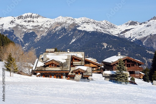 Winter scenery of famous Courchevel ski resort by winter  French alps.