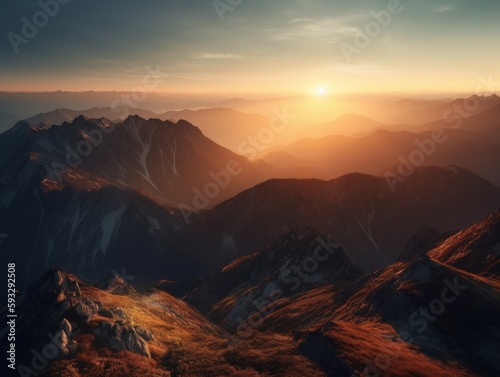 An aerial view of a mountain range at sunset