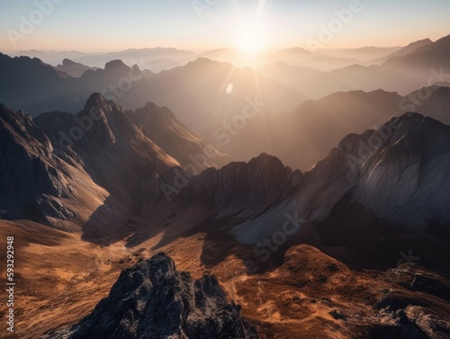 An aerial view of a mountain range at sunset