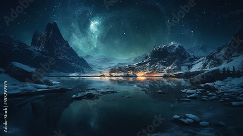 Mystic Foggy River Water Surreal Space Landscape. Surreal landscape of the bright full star reflecting on river water with planets in space. Generative AI. © Absent Satu