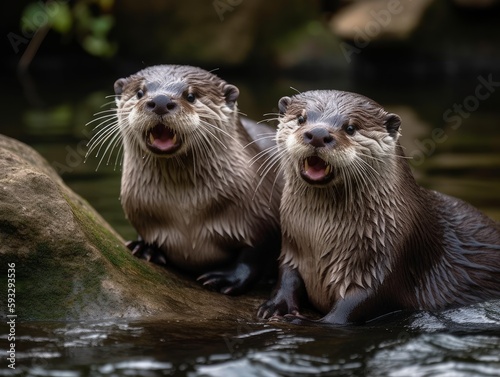 A pair of otters caught in a playful moment, making silly faces © Suplim