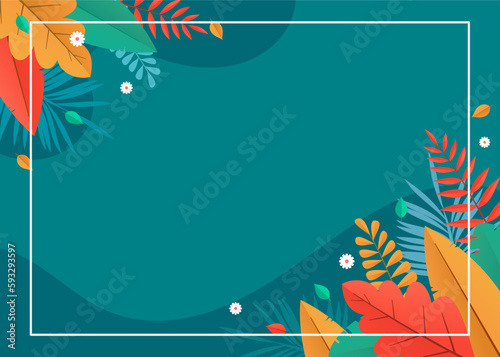 background design with flat illustrations of various plants and leaves