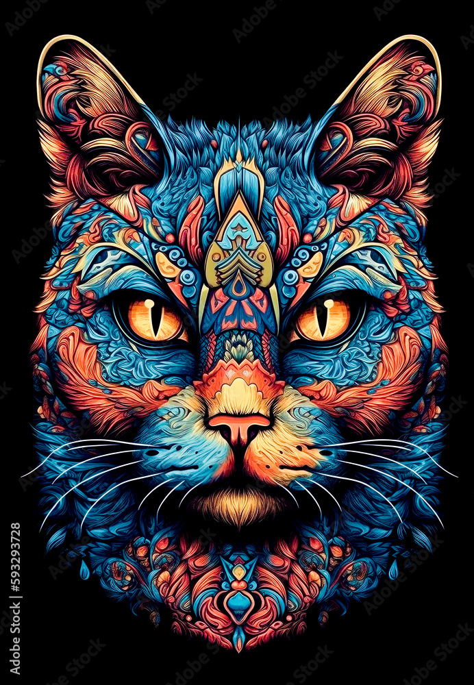 Psychedelic cat. Abstract portrait of a cat drawn by patterns. AI generated Psychedelic cat. Abstract portrait of a cat drawn by patterns. AI generated