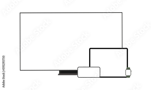 Electronic Devices With Blank Screens. Wide TV, Tablet, Phone, Smart Watch. Vector Illustration