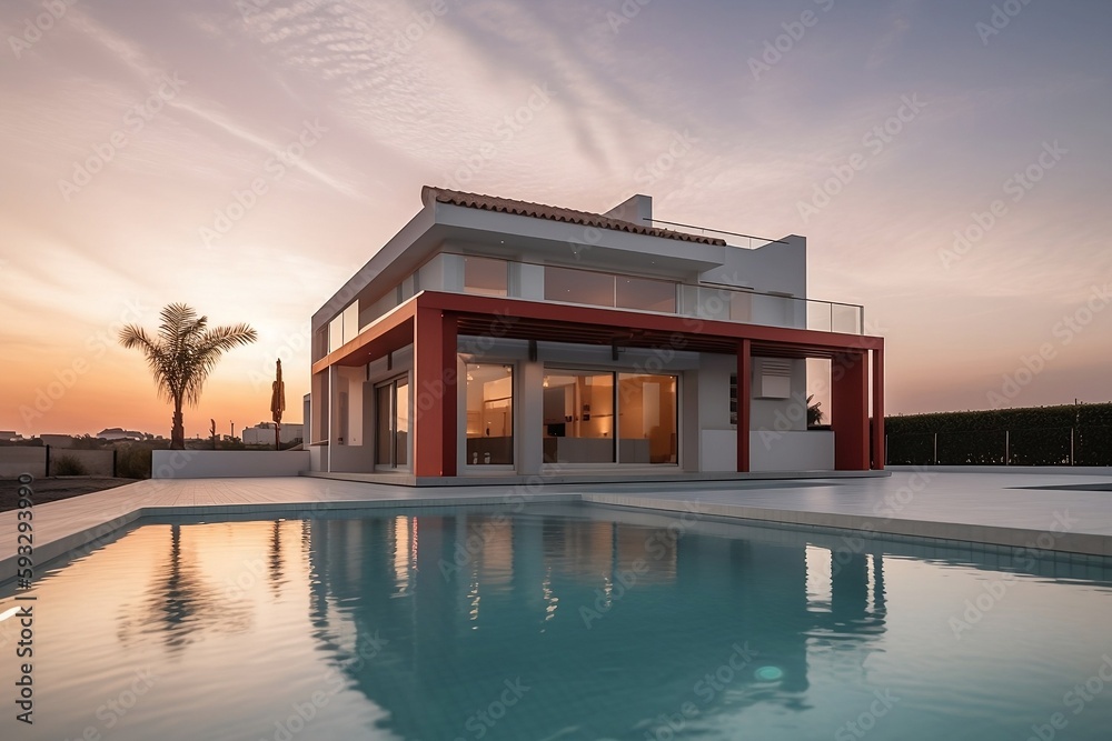 Modern House with Pool at sunset 