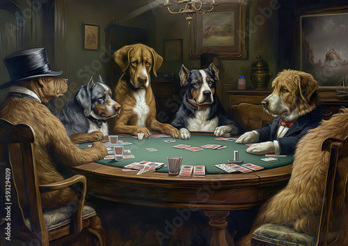 Very cool animals playing poker at the poker table, illustration with a painting effect. Despite being in an unfamiliar environment, the animal feels good. AI generated illustration.