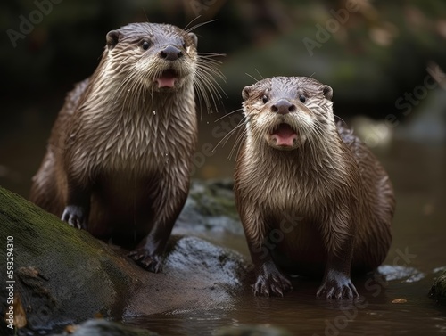 A pair of otters caught in a playful moment, making silly faces