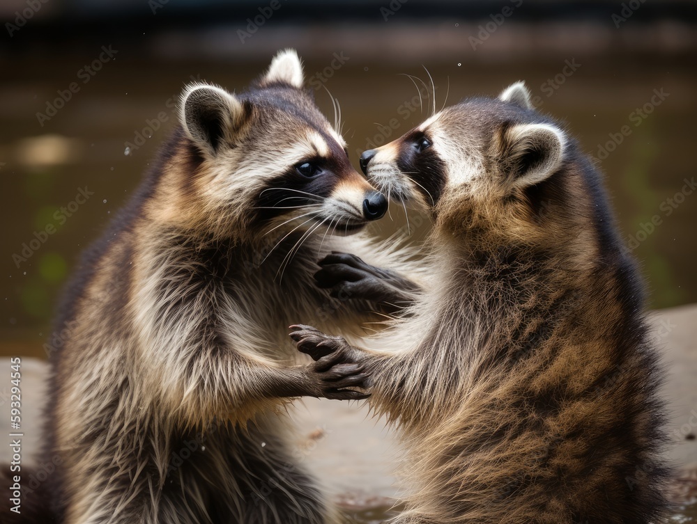 Obraz premium two raccoons wrestling and playing with each other