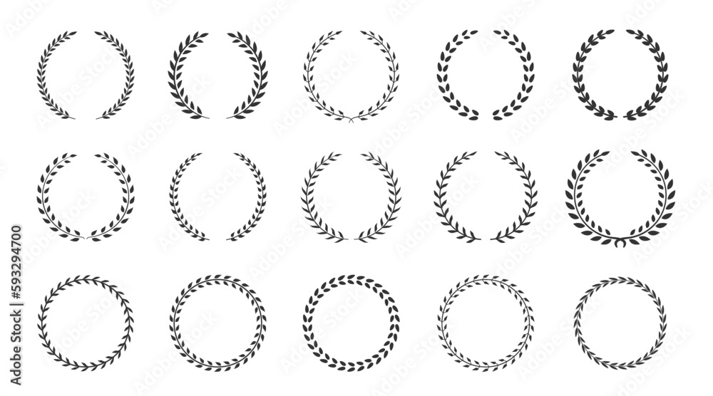 Set of Black and White Silhouettes of Circular Laurel Wreaths Depicting an Award or Achievement Set of Black and White Silhouettes of Circular Laurel Wreaths Depicting an Award or Achievement