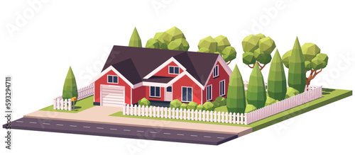 Red Classic Suburban Family House. Low Poly Dimetric Illustration