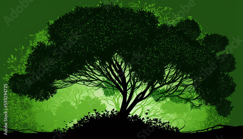 Green Tree on the meadow background illustration 