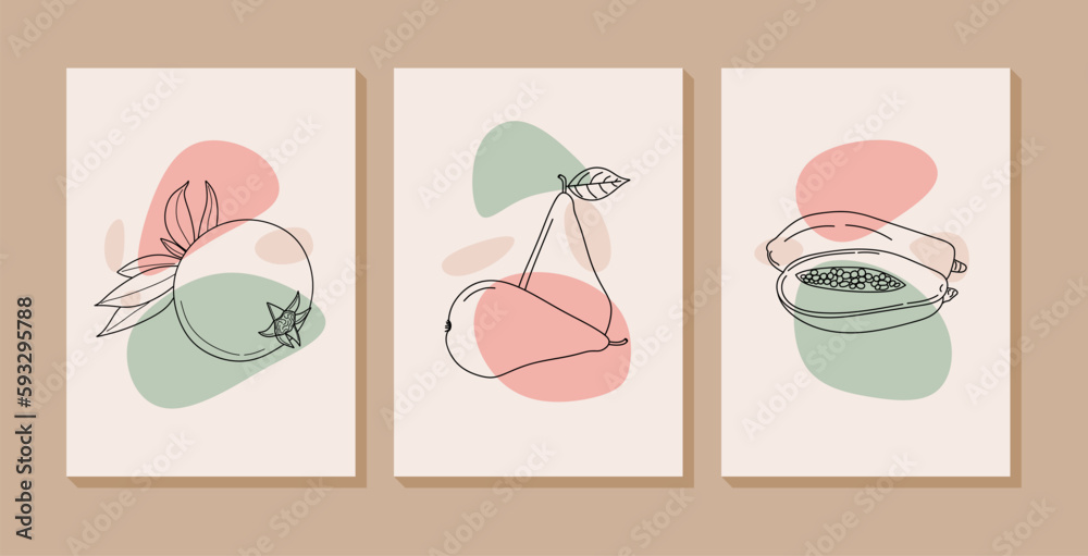 Abstract fruits wall art collection with Pomegranate, Pear and Papaya. Set of healty food with organic shapes for print, wallpaper, interior, poster, cover, banner. Vector illustration
