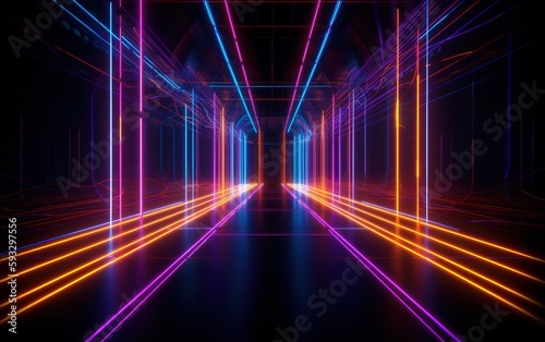 Neon lights, futuristic background, stage ambience, night lights. 