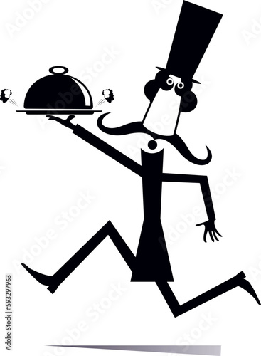 Man carries a cloche serving plate. 
Running long mustache man in the top hat carries a cloche serving plate. Black and white
