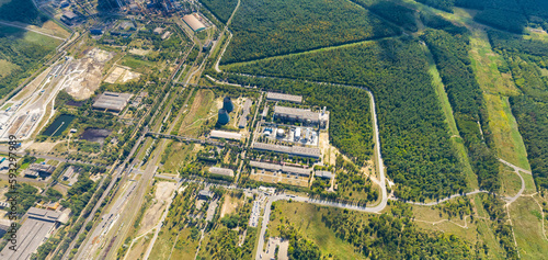 Lipetsk, Russia. Metallurgical plant. Industrial Zone. City view in summer. Sunny day. Aerial view