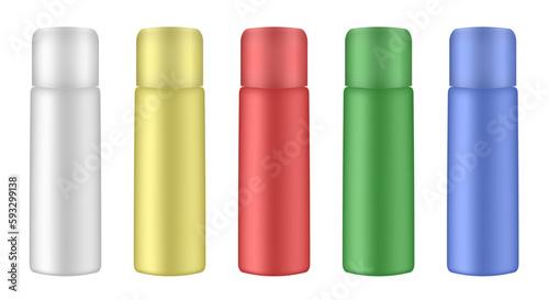 Aluminium tube for hairspray, air freshener container, thermal water spray bottle. White, yellow, red, blue and green bottles. Realistic cosmetic mockup of aerosol deodorant or dry shampoo