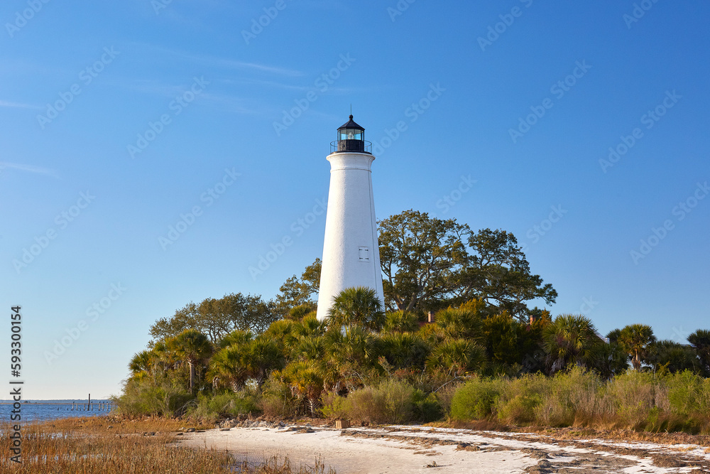 View of the St Marks Lighthouse, located in St Marks National Wildlife Refuge near Tallahassee, Florida