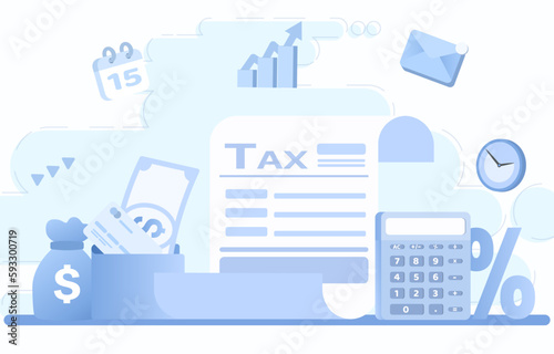 Tax payment concept. Payment of tax invoice to government. Accounting and finance to calculations of annual VAT (value-added tax), taxes, and funds to government. Flat vector illustration.