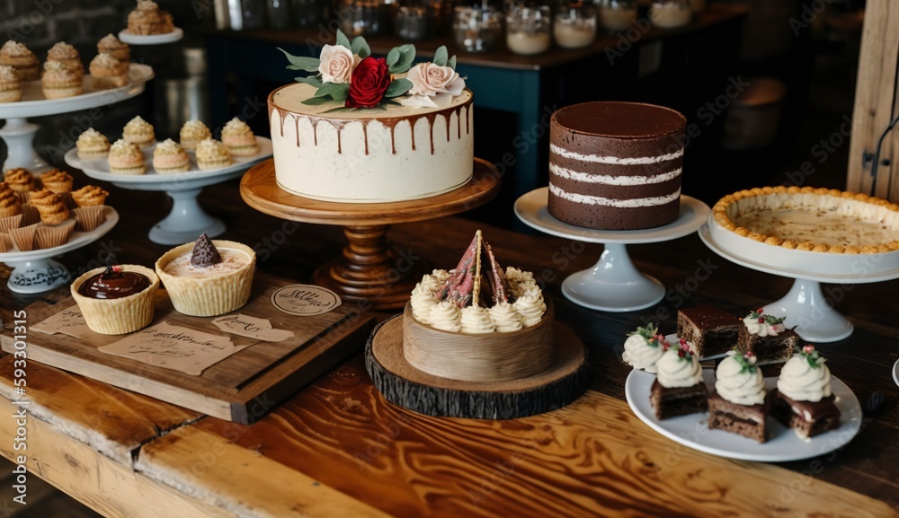 a table topped with lots of different types of cakes and pastries on top of it's sides and a vase filled with flowers-akes and desserts on top of it's wooden table toppers and a wooden table