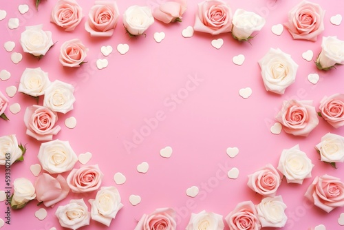 Arrangement of white and pink roses on a romantic pink background. Heart shape style of confetti with Copy space. Mother's Day, Wedding and Valentines Day concept background, Generative AI