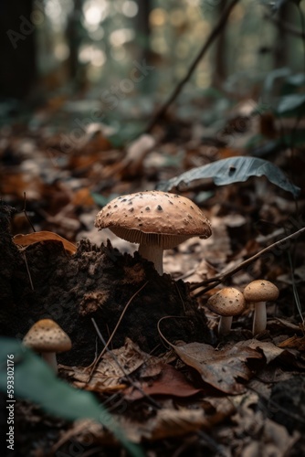 Wild mushrooms in the forest. Generative AI