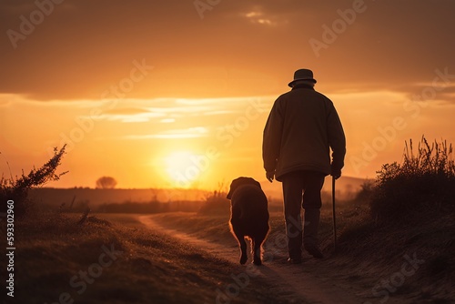 silhouette of an old man walking with a dog © nico
