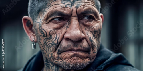 Angry looking heavily tattooed man. Generative AI.