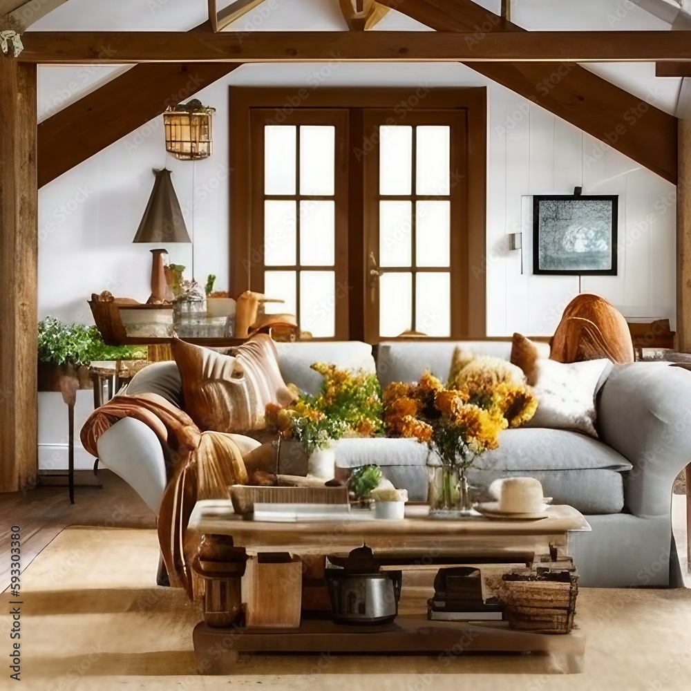 Fototapeta premium Farmhouse Living Room Interior With Sunflowers, Generative AI