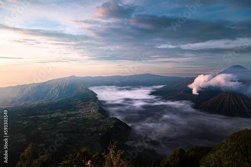 Sunrise over the active volcano Mt. Bromo, East Java, Indonesia, Asia 