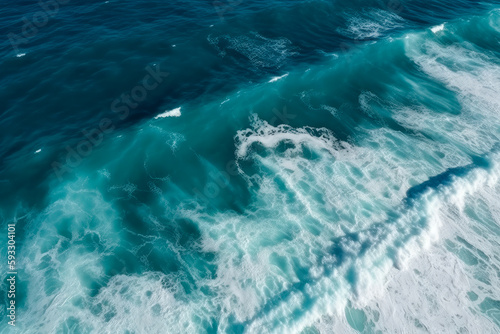 View of ocean with waves and water surface. Aerial top down view of the sea. High quality generative ai