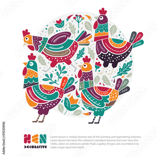 Hens and rooster animal decorative vector illustration.