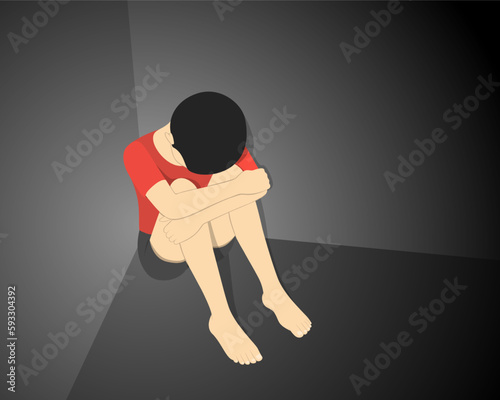 illustration of a depressed teenage boy sitting in a corner. Depressed teenager, people, crying child, domestic violence, frustration, orphan, image