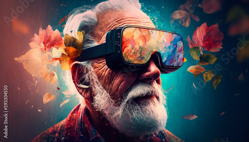 Happy old man wearing Virtual Reality headset googles  photo