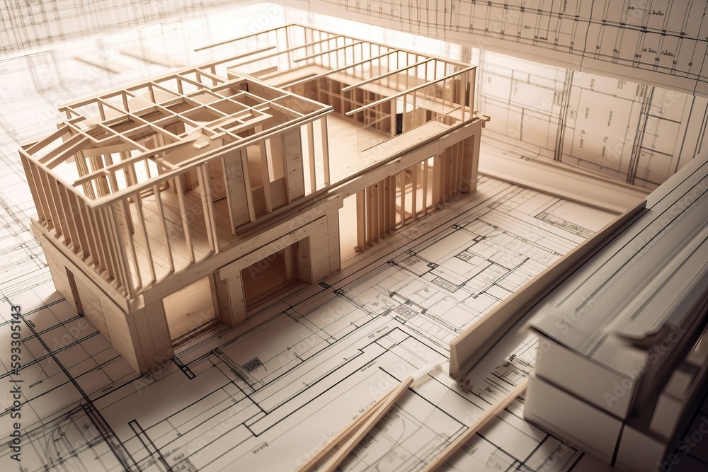 Fototapeta premium Architecture 3D and blueprints representation, generative ai