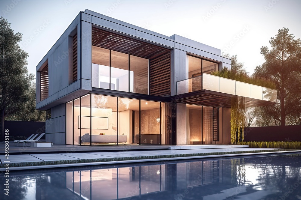 Modern white luxury home with pool and garden, generative ai