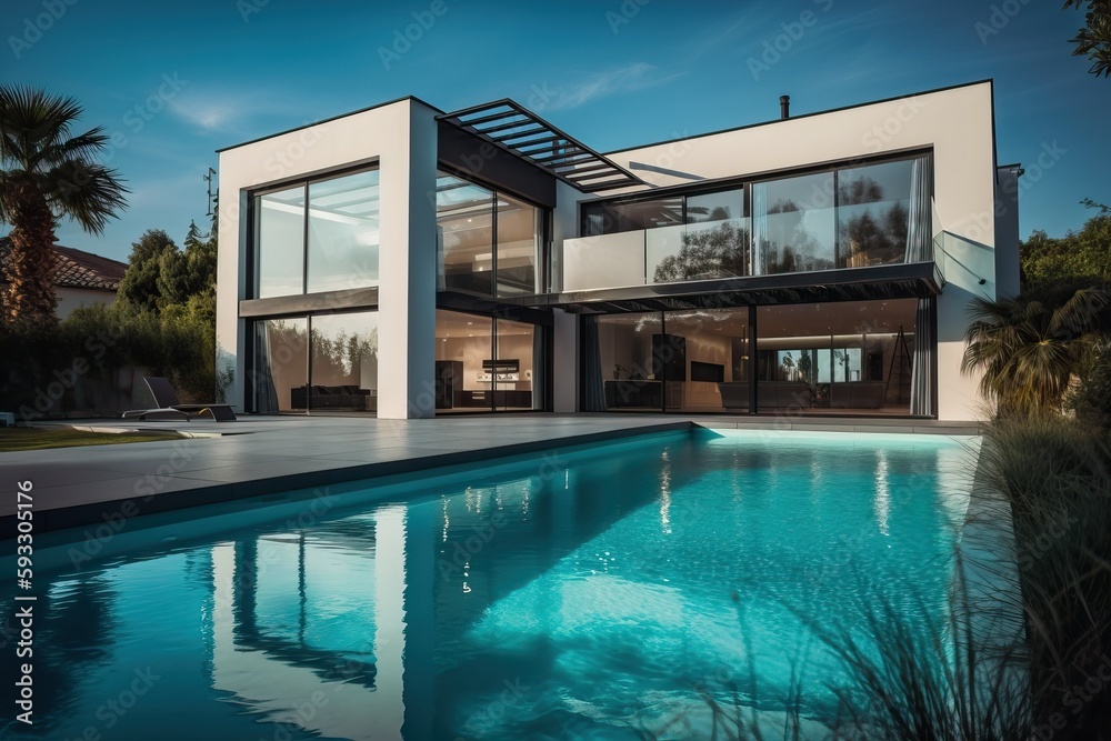Fototapeta premium Modern luxury home with pool and garden at blue hour, generative ai