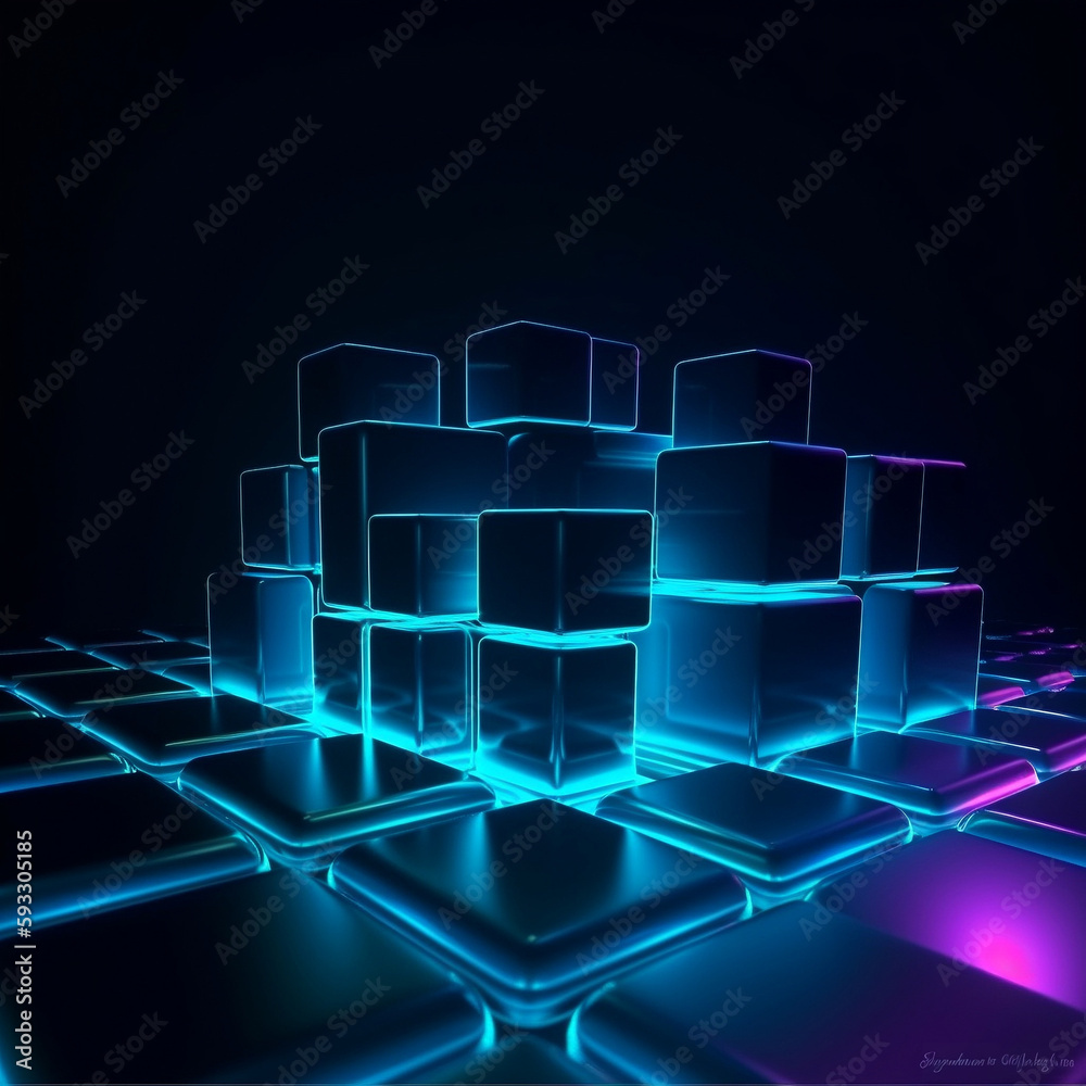 A digital artwork. Cubes are arranged in a different shades of blue and ...