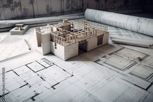 Architecture 3D and blueprints representation, generative ai