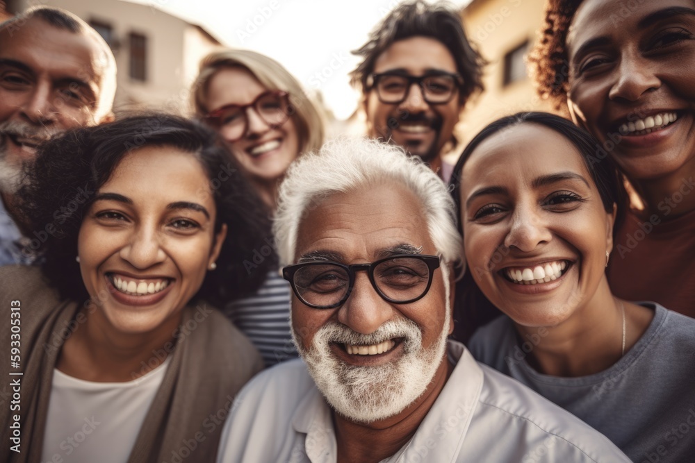 Group of multigenerational people smiling in front of camera, Multiracial friends od different ages having fun together caucasian senior faces,generative ai. Group of multigenerational people smiling in front of camera, Multiracial friends od different ages having fun together caucasian senior faces,generative ai.