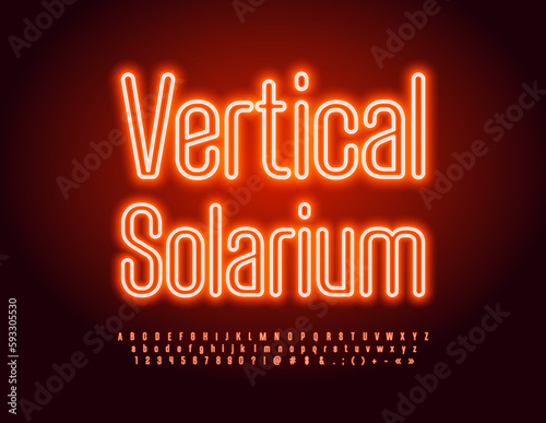 Vector glowing Sign vertical Solarium. Bright Neon Font. Modern Electric Alphabet Letters, Numbers and Symbols set