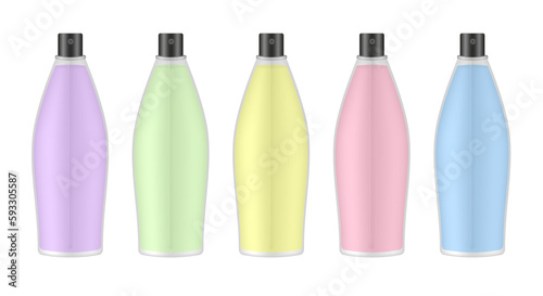 Set of transparent glass bottles of perfume. Purple, green, yellow, pink and blue spray bottles. Aerosol mist. Atomizer mockup
