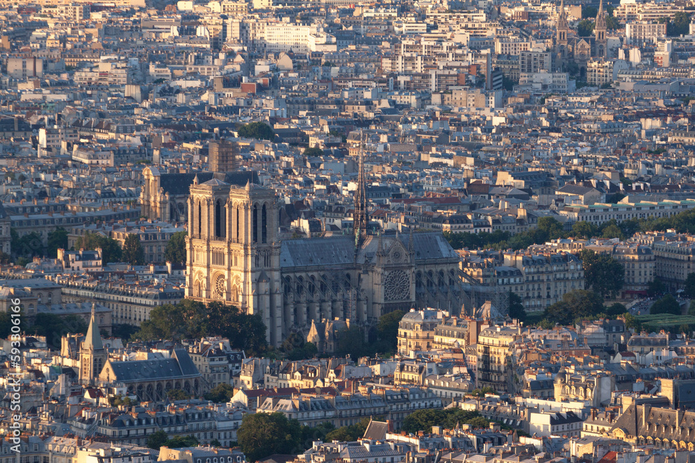 Aerial view to Paris and its fascinating building Notre Dame cathedral before the fire