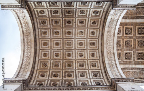 Architectural details of the Arc de Triomphe from a bottom view  Paris  France.
